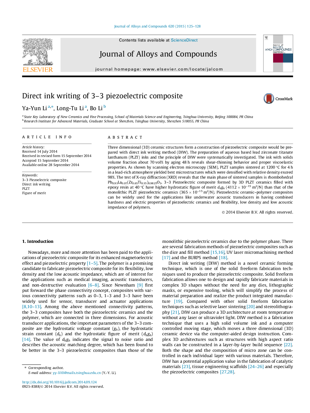 Direct ink writing of 3–3 piezoelectric composite