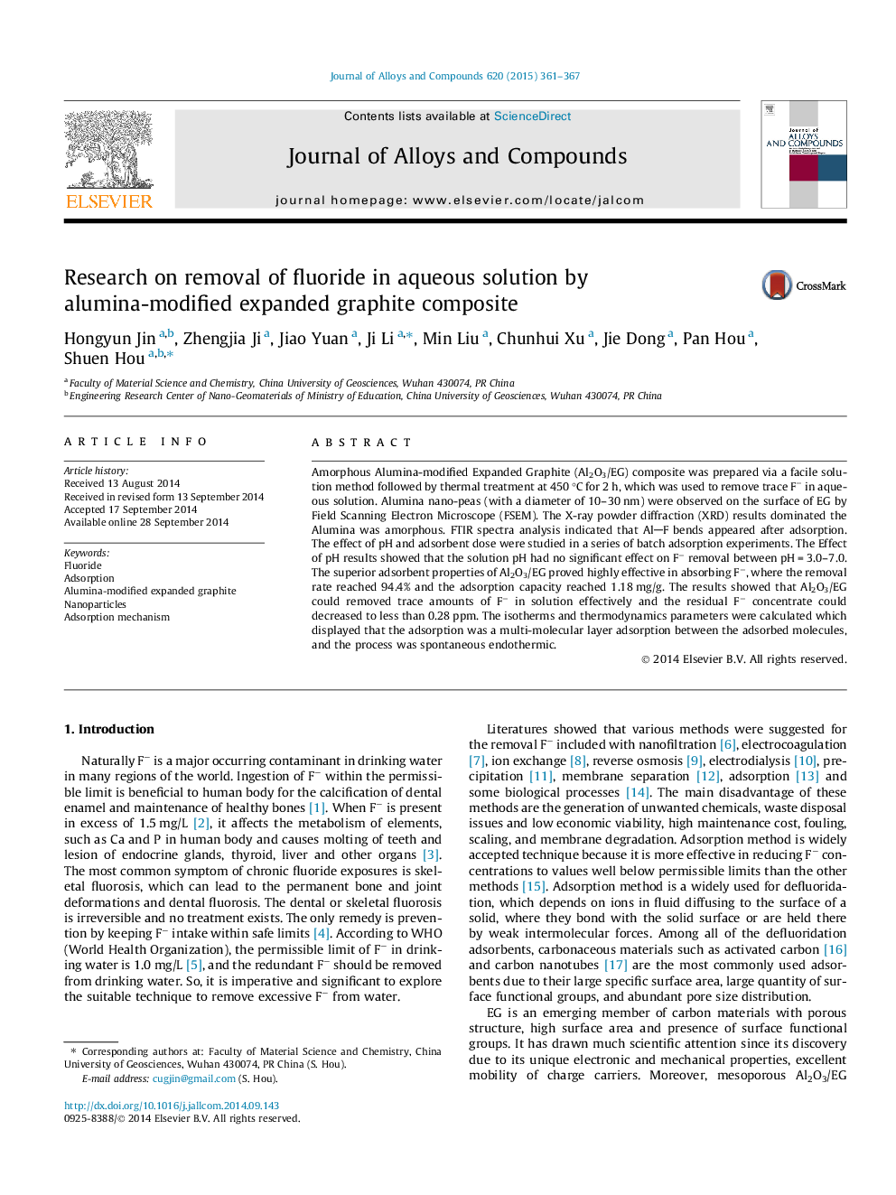 Research on removal of fluoride in aqueous solution by alumina-modified expanded graphite composite