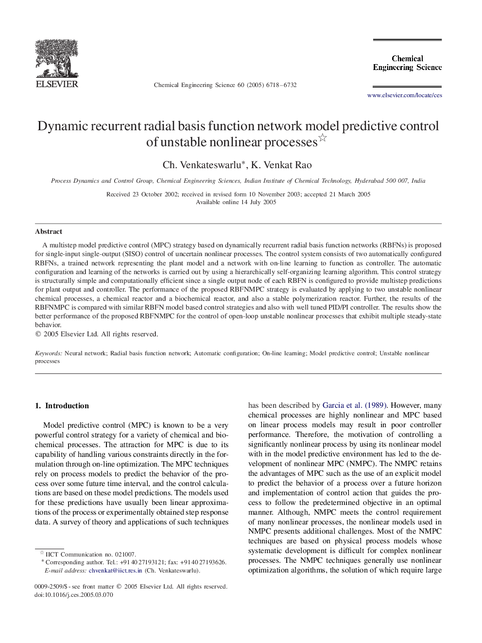 Dynamic recurrent radial basis function network model predictive control of unstable nonlinear processes 