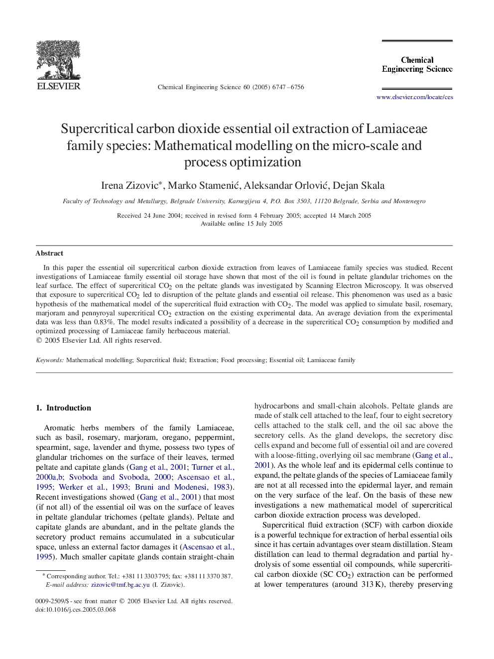 Supercritical carbon dioxide essential oil extraction of Lamiaceae family species: Mathematical modelling on the micro-scale and process optimization