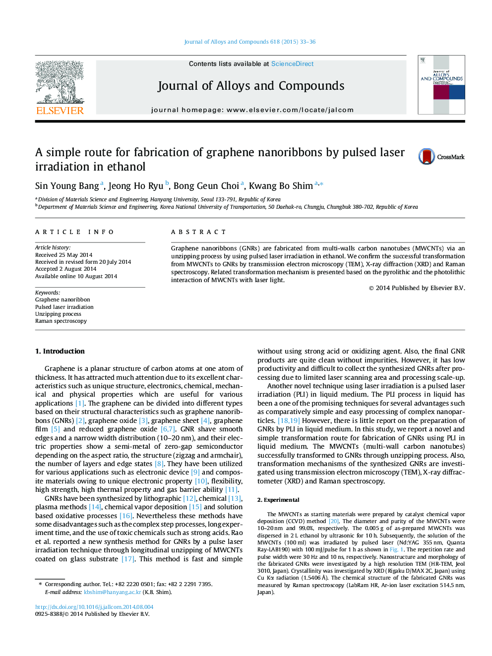 A simple route for fabrication of graphene nanoribbons by pulsed laser irradiation in ethanol