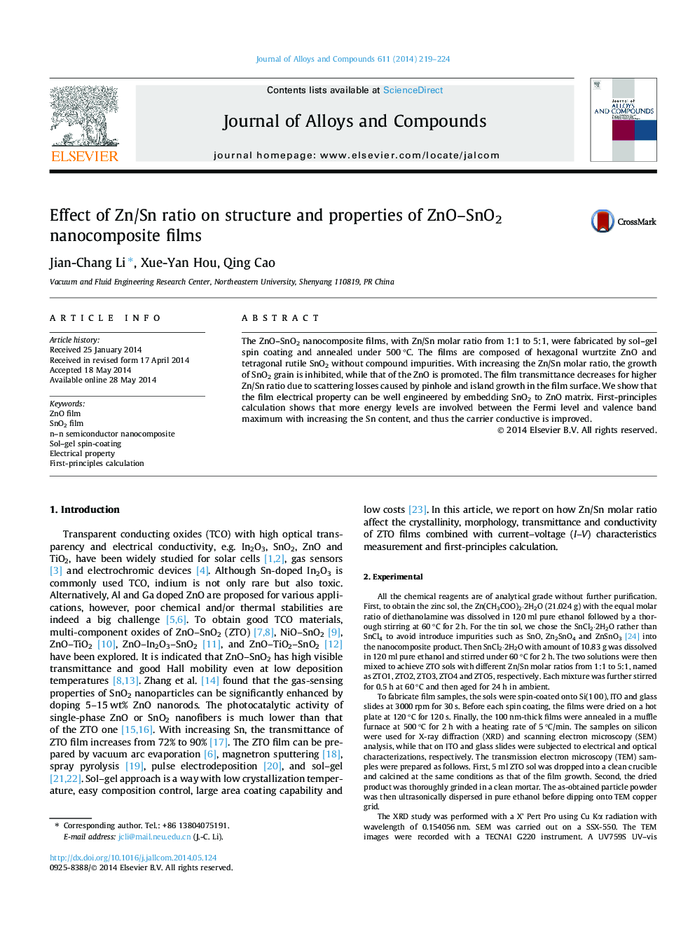 Effect of Zn/Sn ratio on structure and properties of ZnO-SnO2 nanocomposite films