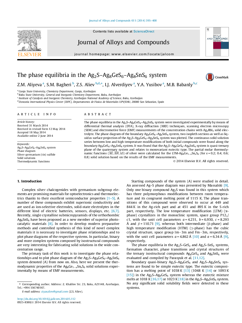 The phase equilibria in the Ag2S-Ag8GeS6-Ag8SnS6 system