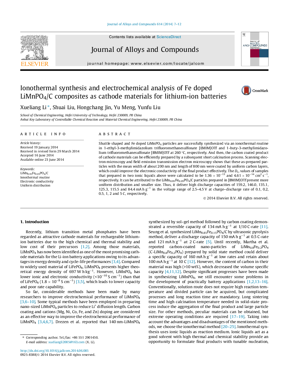 عکس صفحه اول مقاله: Ionothermal synthesis and electrochemical analysis of Fe doped LiMnPO4/C composites as cathode materials for lithium-ion batteries Ionothermal synthesis and electrochemical analysis of Fe doped LiMnPO4/C composites as cathode materials for lithium-ion batteries