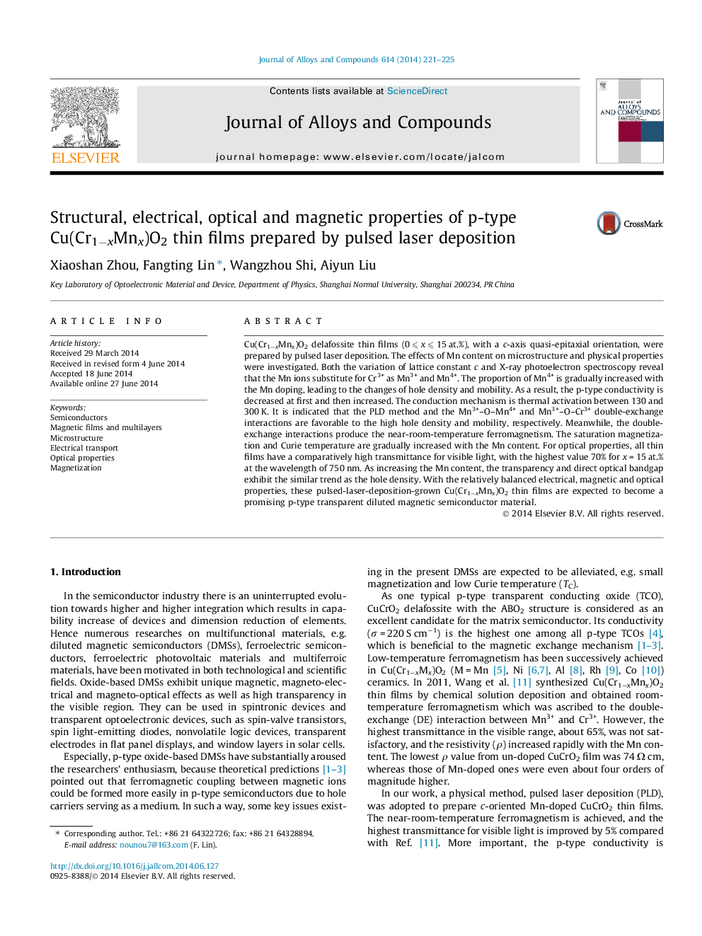 Structural, electrical, optical and magnetic properties of p-type Cu(Cr1−xMnx)O2 thin films prepared by pulsed laser deposition