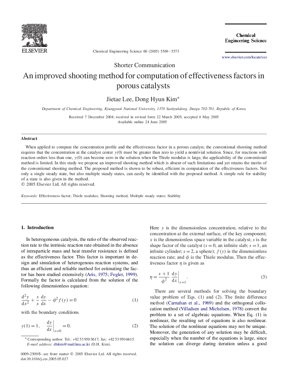 An improved shooting method for computation of effectiveness factors in porous catalysts