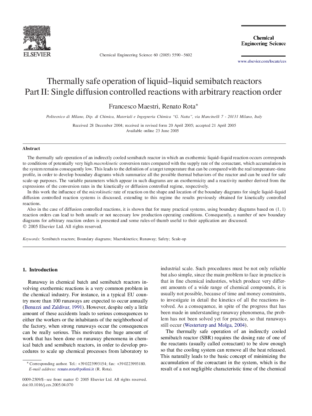 Thermally safe operation of liquid–liquid semibatch reactors Part II: Single diffusion controlled reactions with arbitrary reaction order