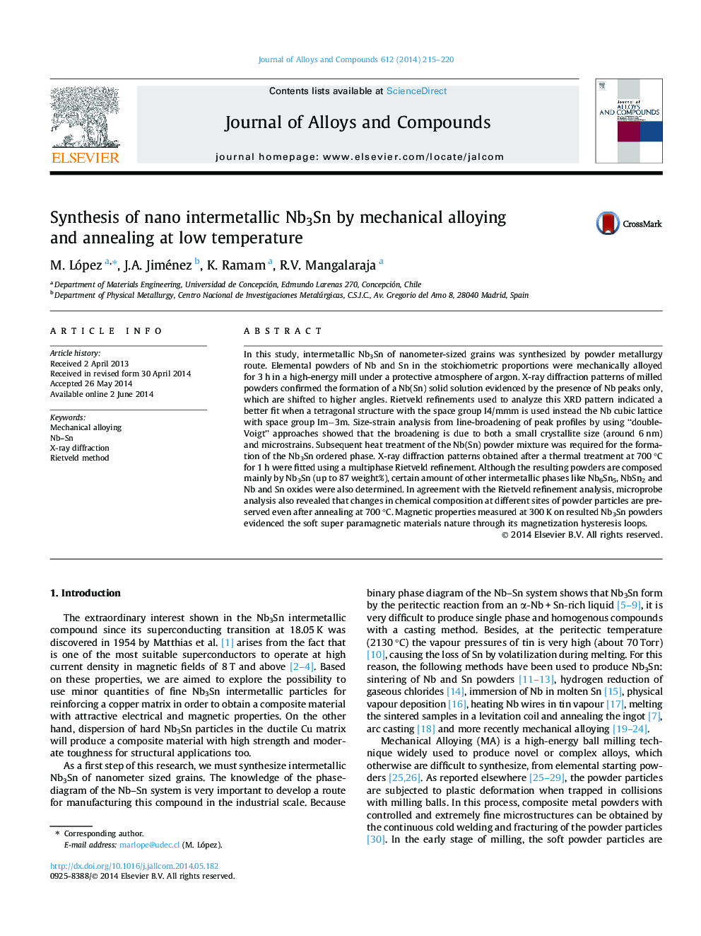 Synthesis of nano intermetallic Nb3Sn by mechanical alloying and annealing at low temperature