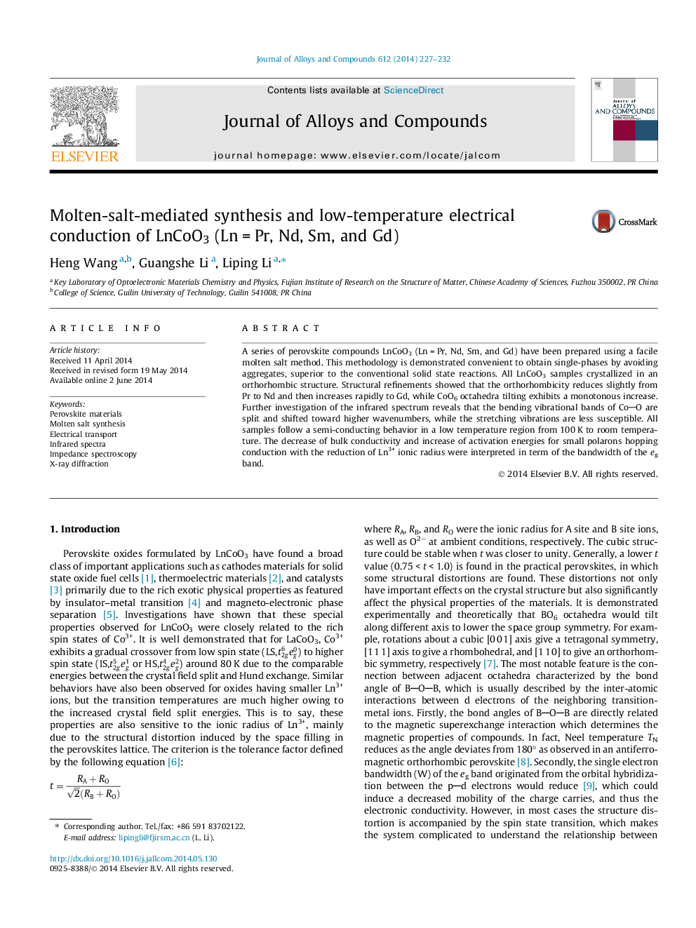 Molten-salt-mediated synthesis and low-temperature electrical conduction of LnCoO3 (Ln = Pr, Nd, Sm, and Gd)