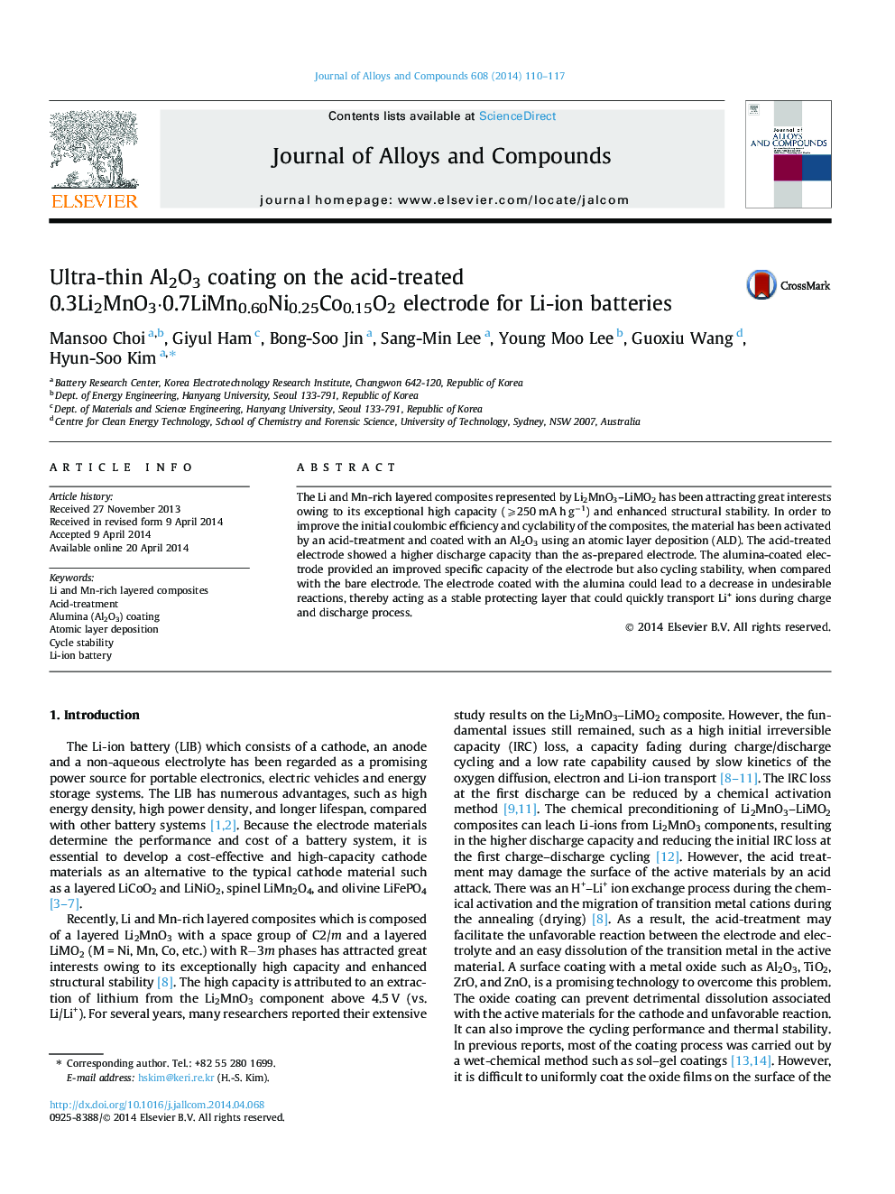 Ultra-thin Al2O3 coating on the acid-treated 0.3Li2MnO3⋅0.7LiMn0.60Ni0.25Co0.15O2 electrode for Li-ion batteries