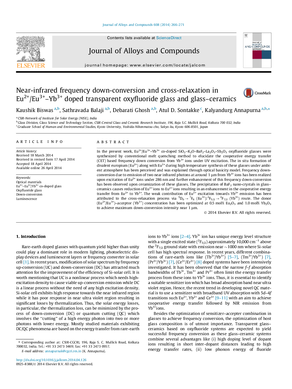 Near-infrared frequency down-conversion and cross-relaxation in Eu2+/Eu3+-Yb3+ doped transparent oxyfluoride glass and glass-ceramics