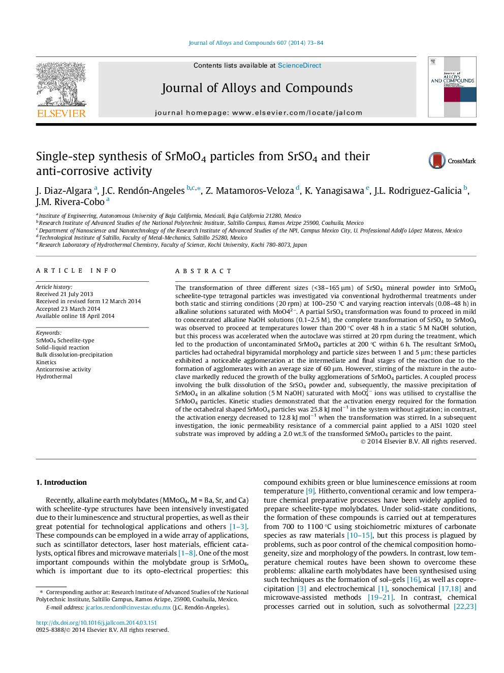 Single-step synthesis of SrMoO4 particles from SrSO4 and their anti-corrosive activity