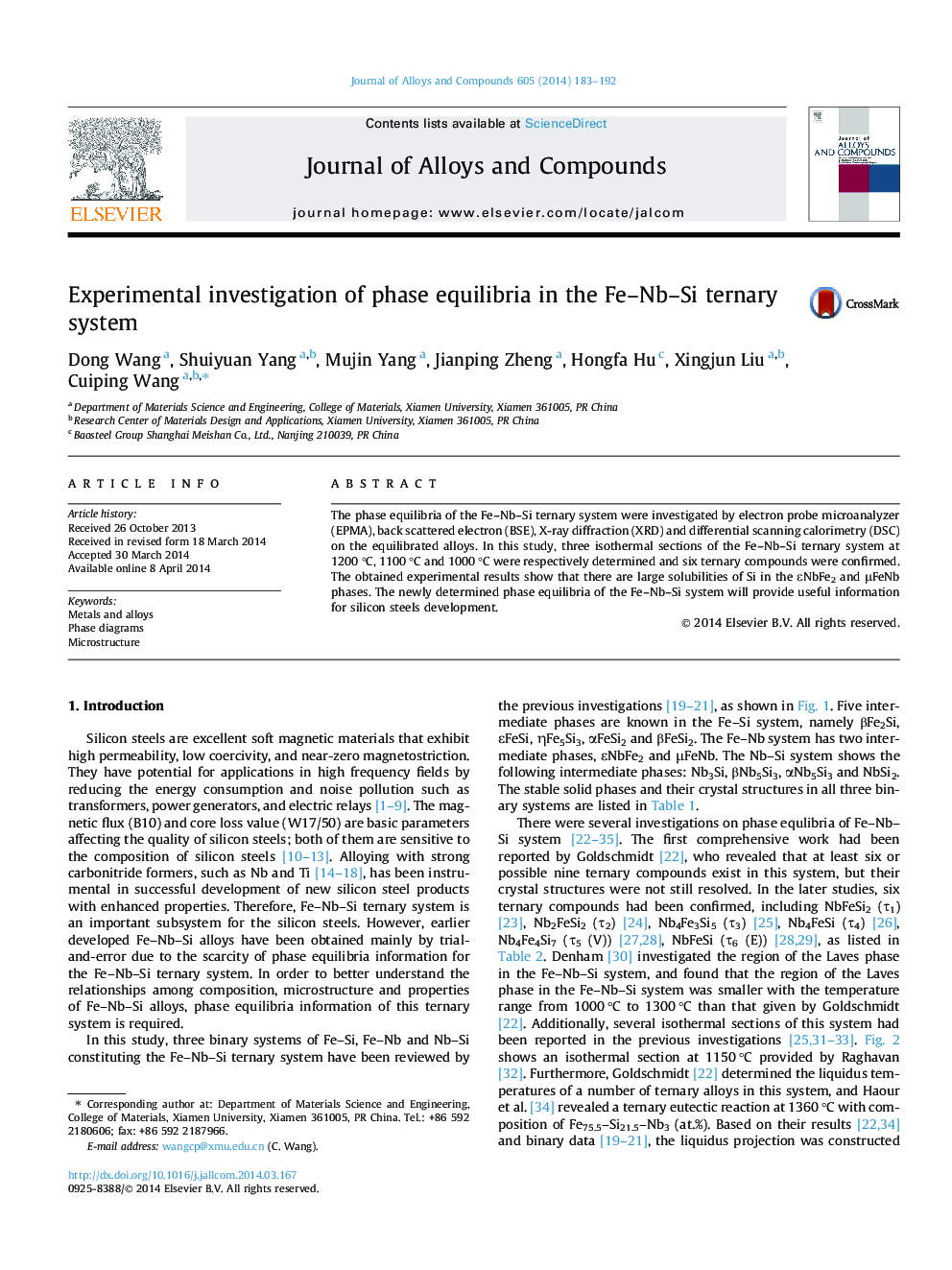 Experimental investigation of phase equilibria in the Fe–Nb–Si ternary system