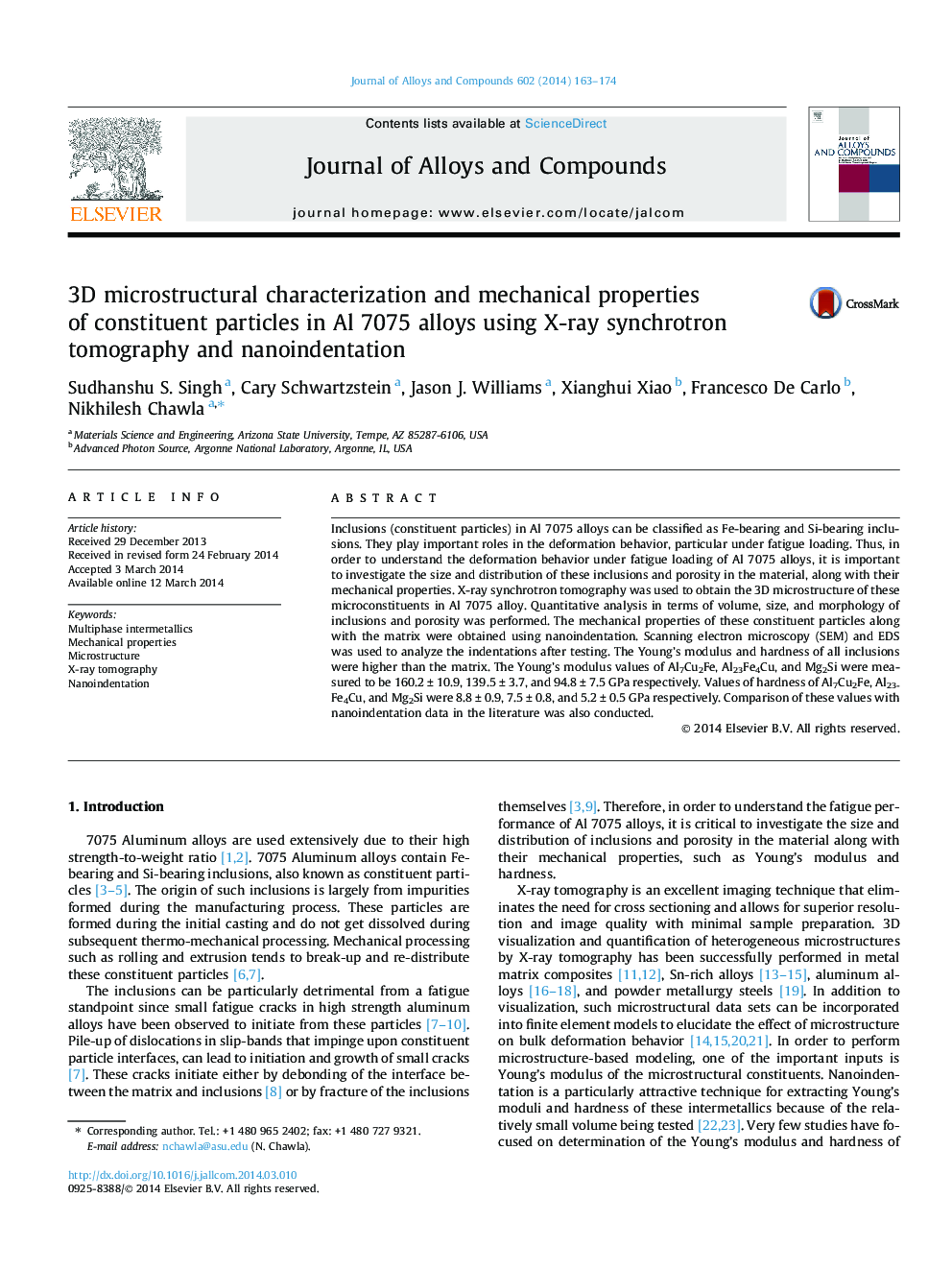 3D microstructural characterization and mechanical properties of constituent particles in Al 7075 alloys using X-ray synchrotron tomography and nanoindentation