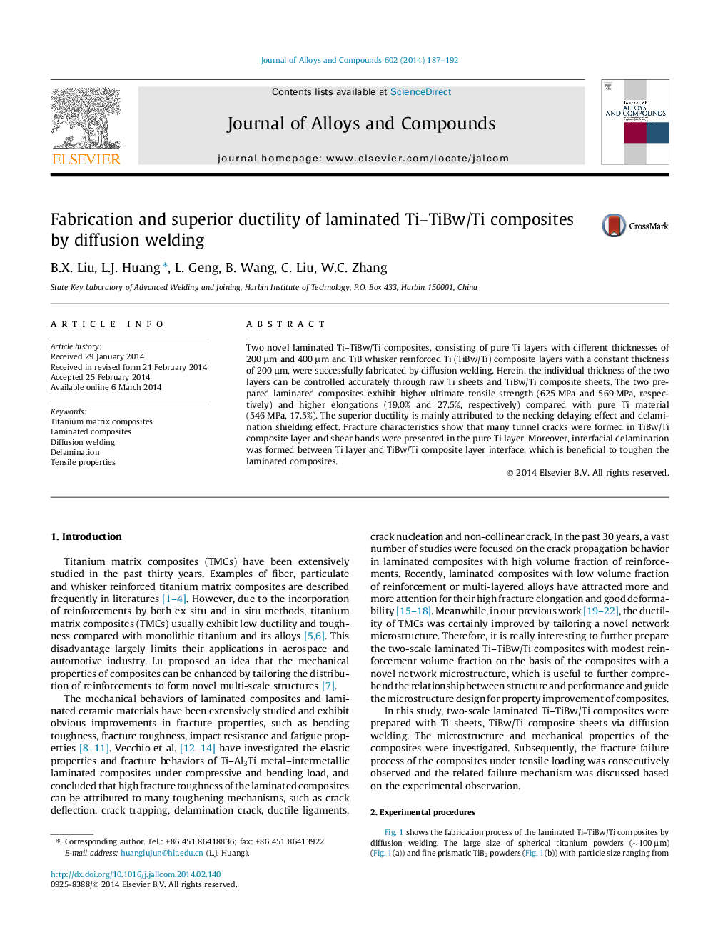 Fabrication and superior ductility of laminated Ti-TiBw/Ti composites by diffusion welding