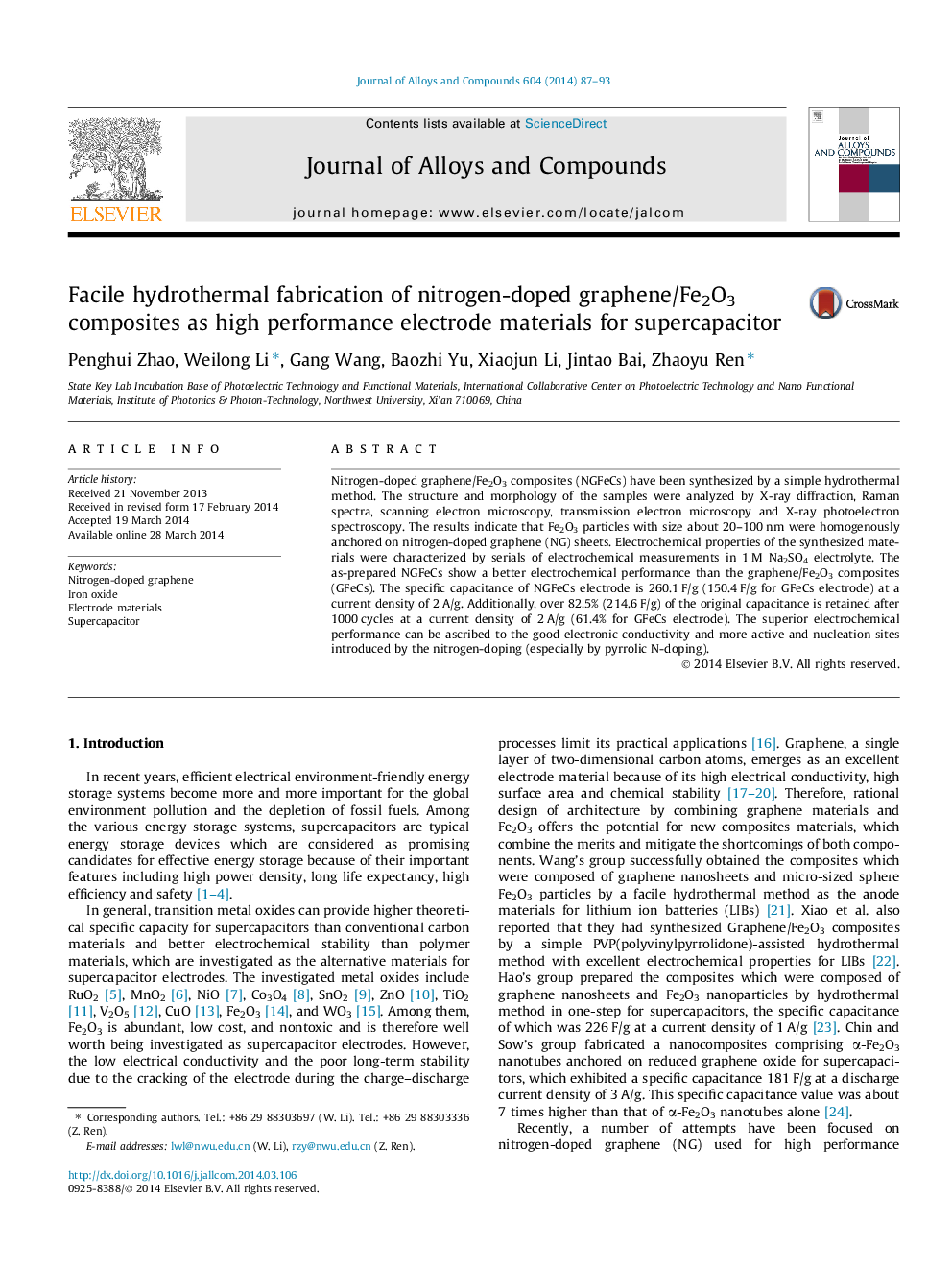 Facile hydrothermal fabrication of nitrogen-doped graphene/Fe2O3 composites as high performance electrode materials for supercapacitor