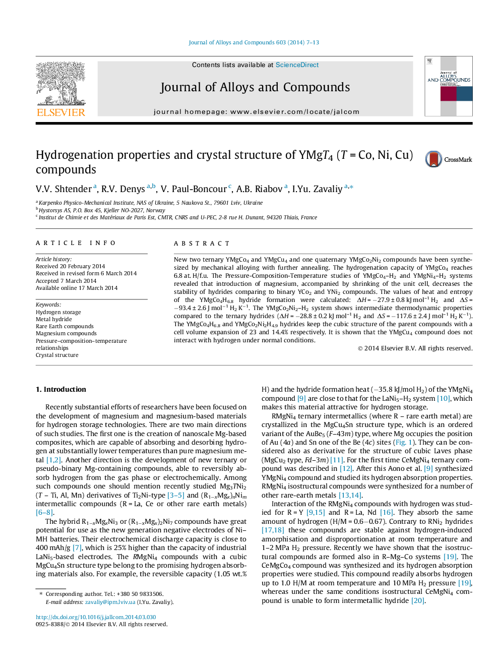 Hydrogenation properties and crystal structure of YMgT4 (Ð¢Â =Â Co, Ni, Cu) compounds