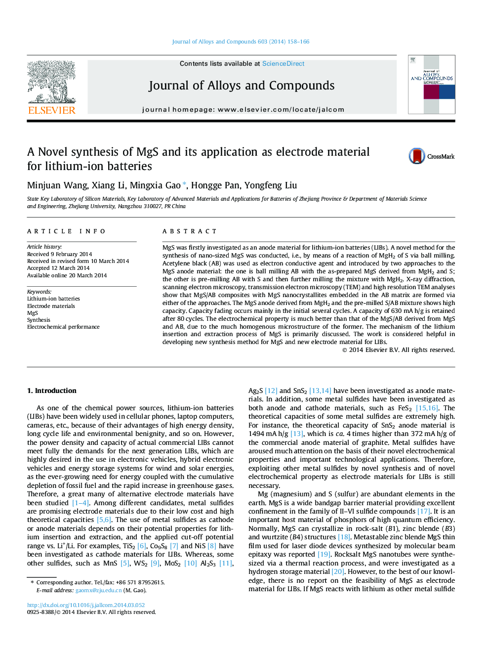A Novel synthesis of MgS and its application as electrode material for lithium-ion batteries