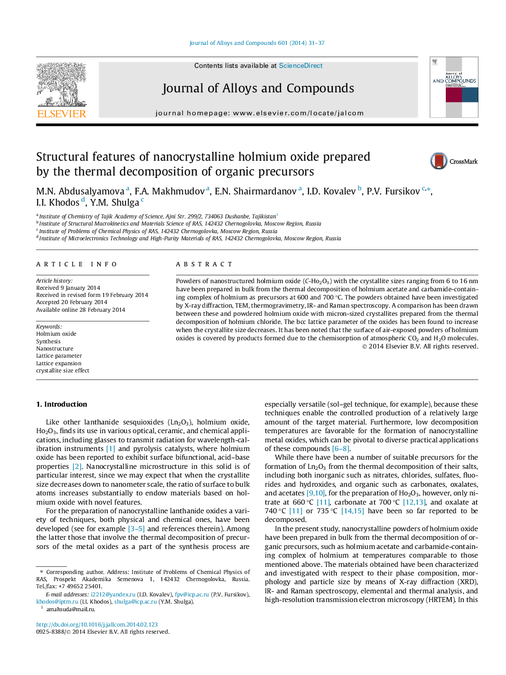 Structural features of nanocrystalline holmium oxide prepared by the thermal decomposition of organic precursors