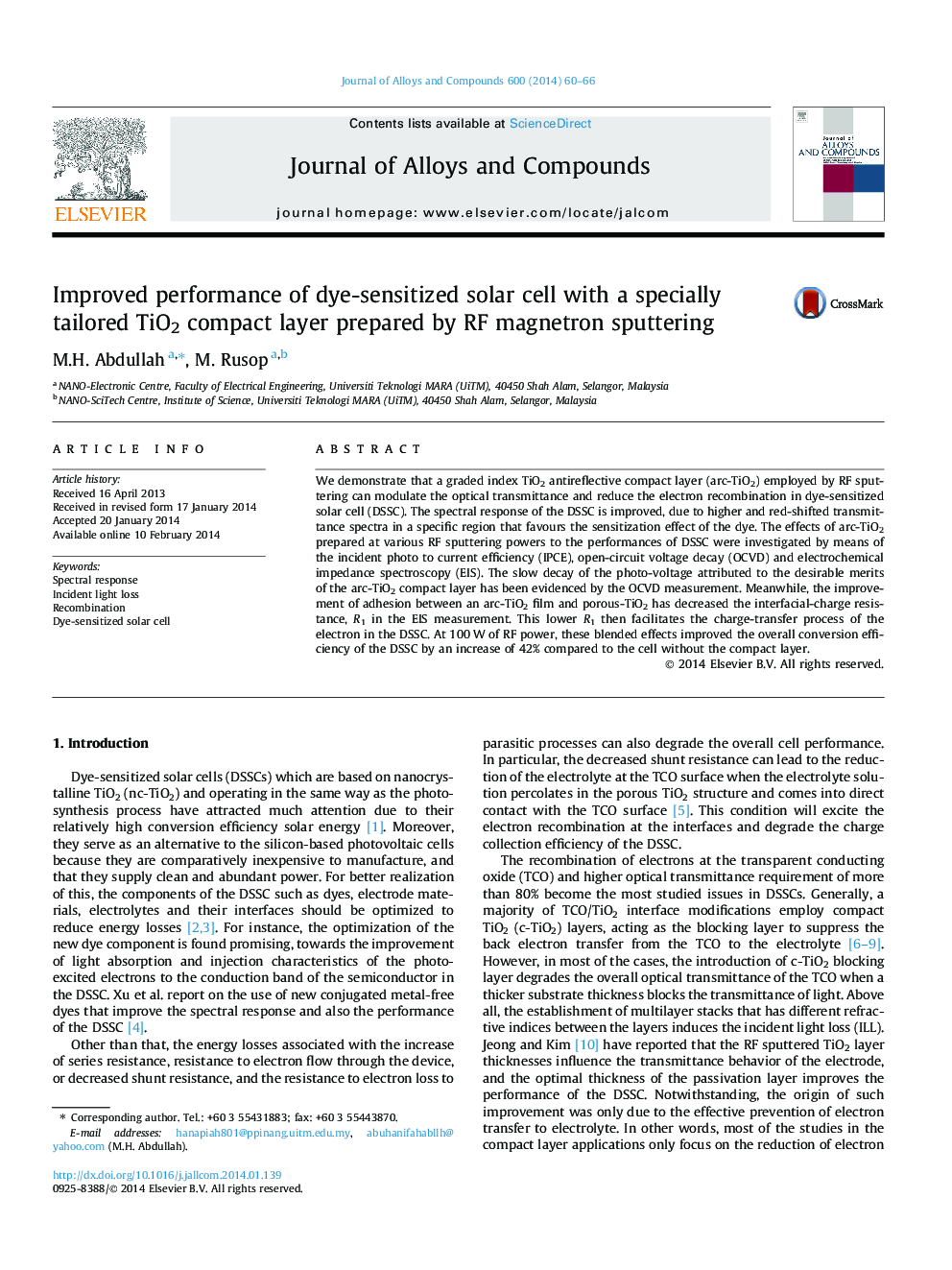 عکس صفحه اول مقاله: Improved performance of dye-sensitized solar cell with a specially tailored TiO2 compact layer prepared by RF magnetron sputtering Improved performance of dye-sensitized solar cell with a specially tailored TiO2 compact layer prepared by RF magnetron sputtering