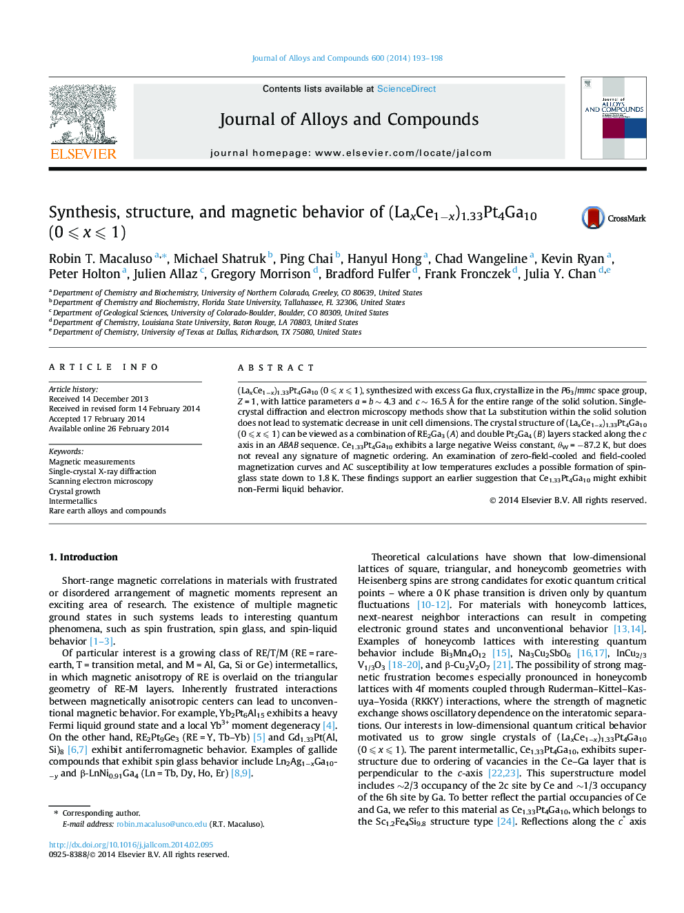 Synthesis, structure, and magnetic behavior of (LaxCe1âx)1.33Pt4Ga10 (0Â â©½Â xÂ â©½Â 1)