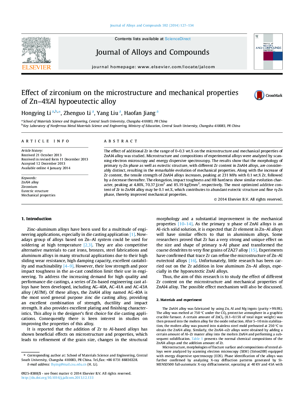 Effect of zirconium on the microstructure and mechanical properties of Zn-4%Al hypoeutectic alloy