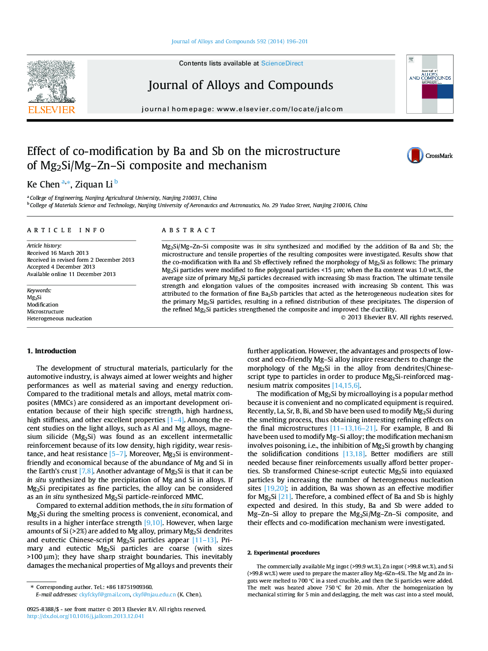 Effect of co-modification by Ba and Sb on the microstructure of Mg2Si/Mg–Zn–Si composite and mechanism