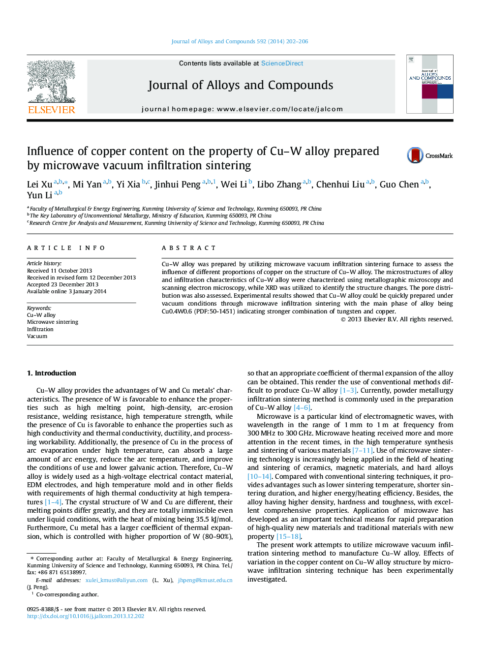 Influence of copper content on the property of Cu–W alloy prepared by microwave vacuum infiltration sintering