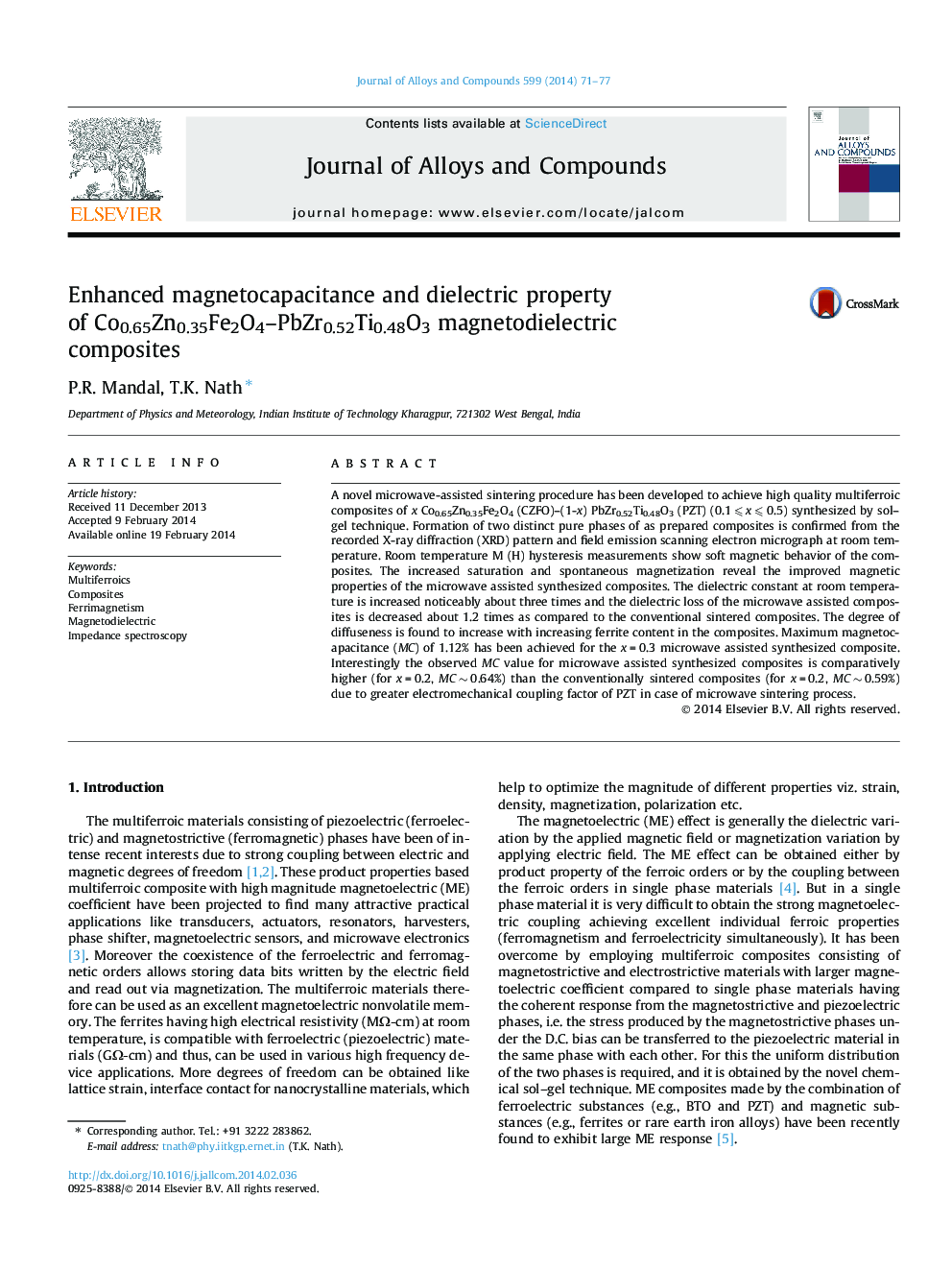 Enhanced magnetocapacitance and dielectric property of Co0.65Zn0.35Fe2O4–PbZr0.52Ti0.48O3 magnetodielectric composites