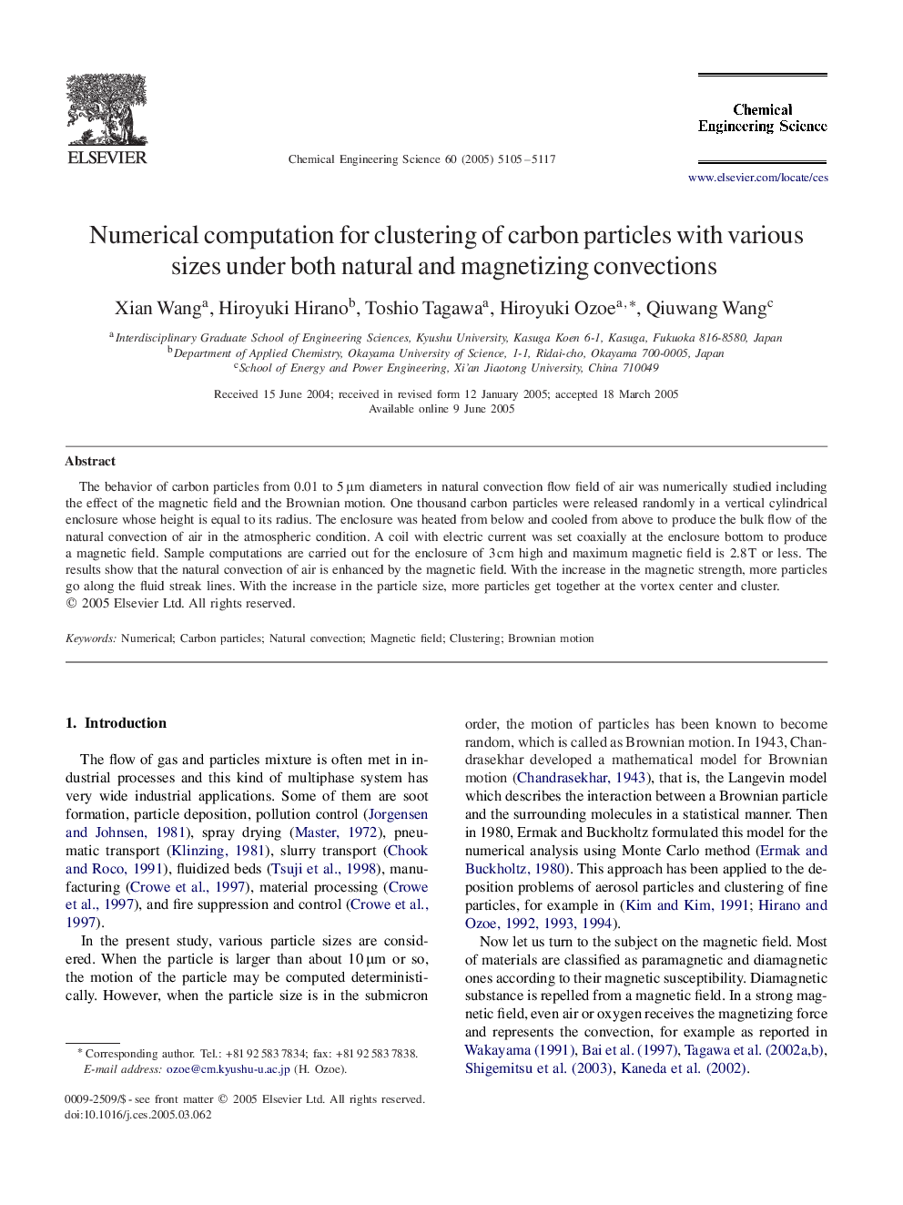 Numerical computation for clustering of carbon particles with various sizes under both natural and magnetizing convections