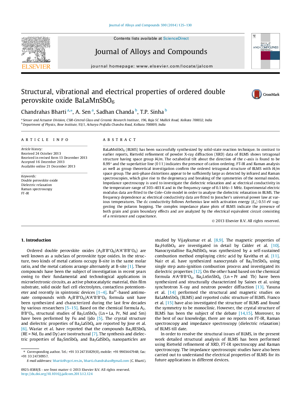 Structural, vibrational and electrical properties of ordered double perovskite oxide BaLaMnSbO6