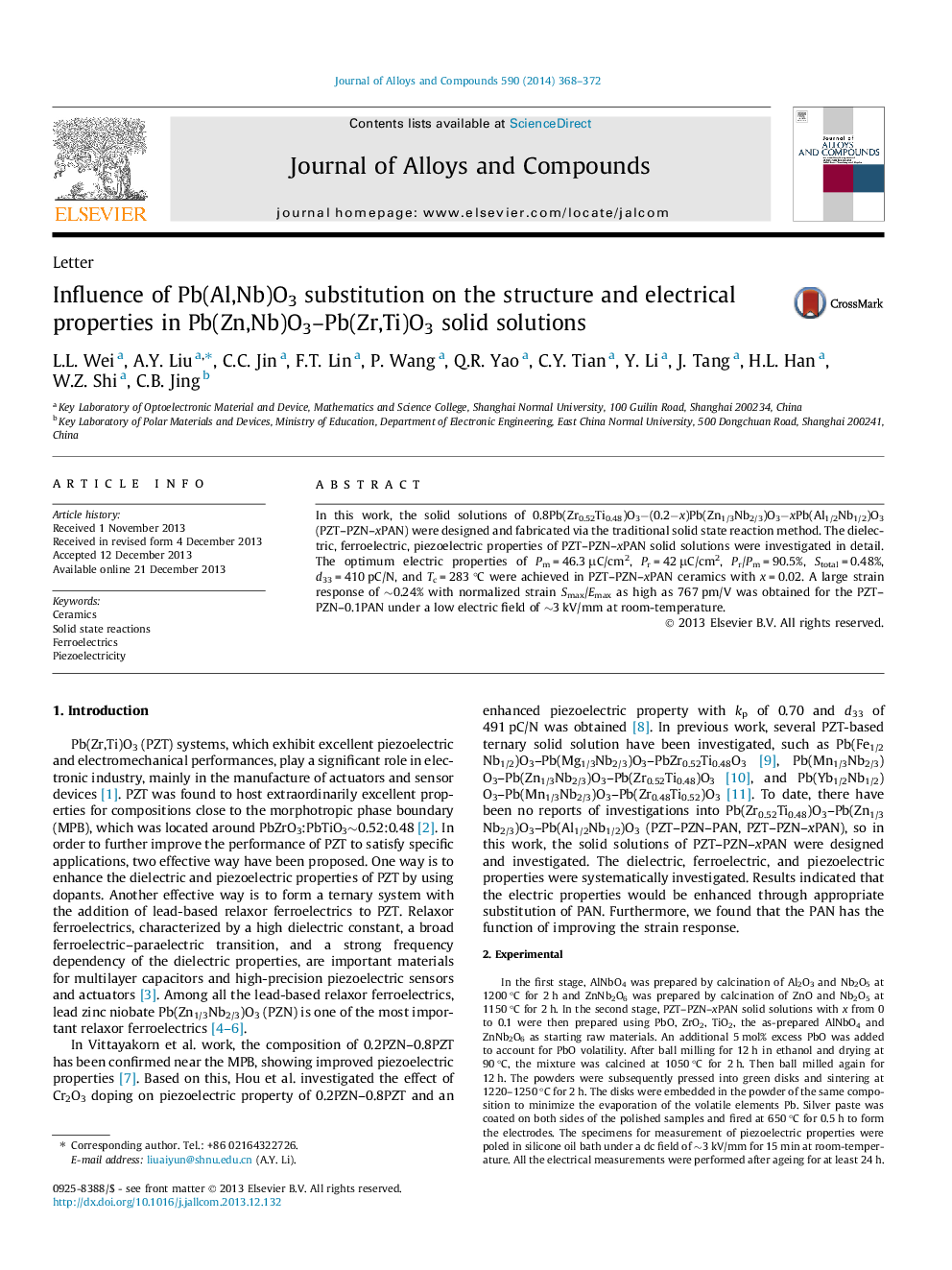 Influence of Pb(Al,Nb)O3 substitution on the structure and electrical properties in Pb(Zn,Nb)O3-Pb(Zr,Ti)O3 solid solutions