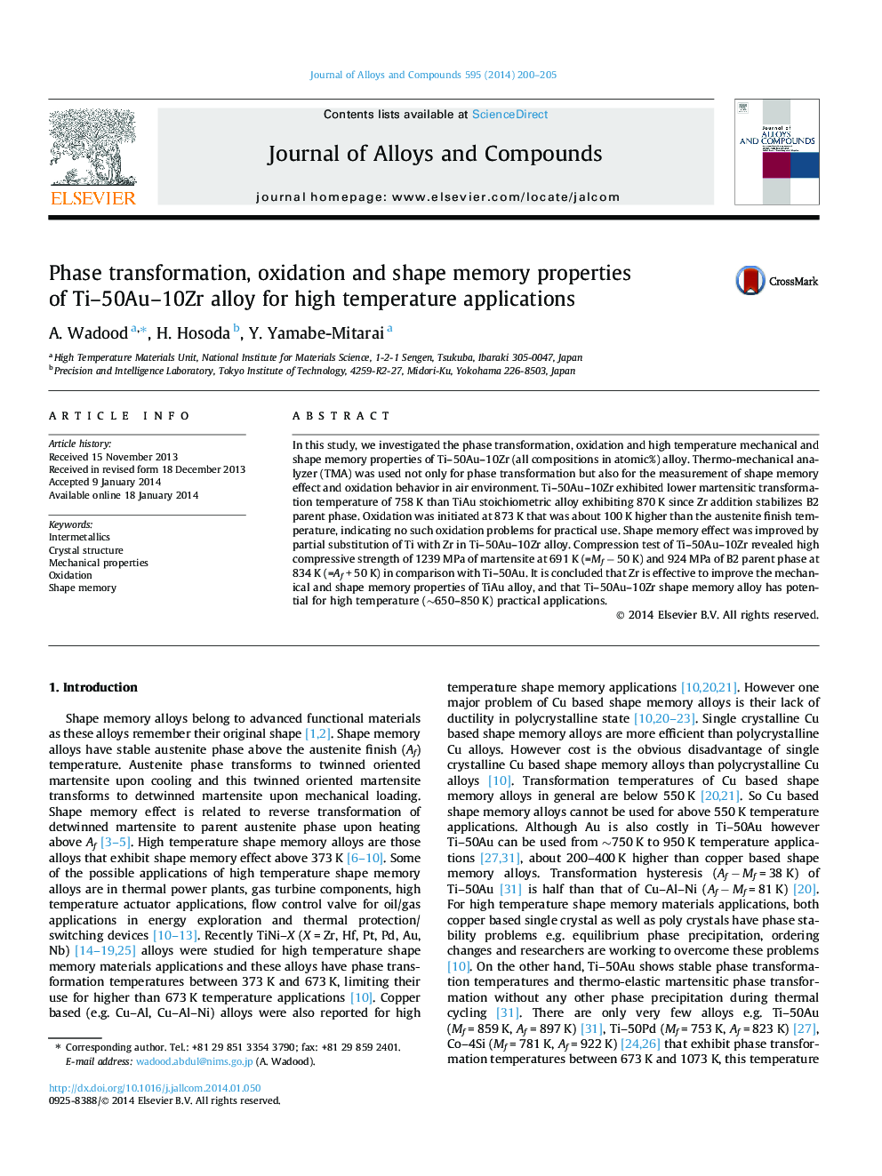 Phase transformation, oxidation and shape memory properties of Ti-50Au-10Zr alloy for high temperature applications