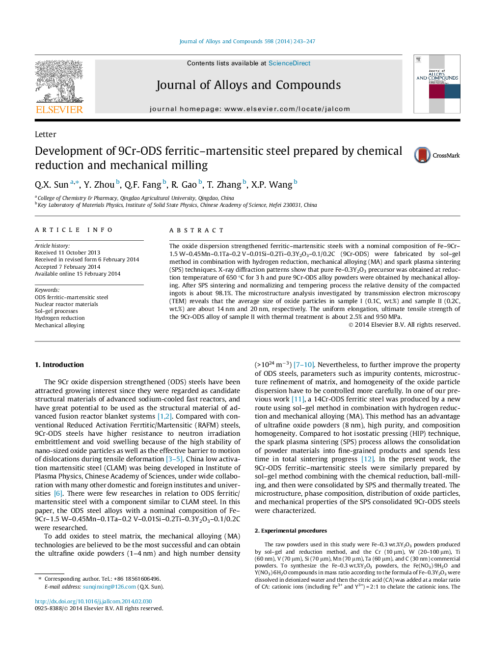 Development of 9Cr-ODS ferritic-martensitic steel prepared by chemical reduction and mechanical milling