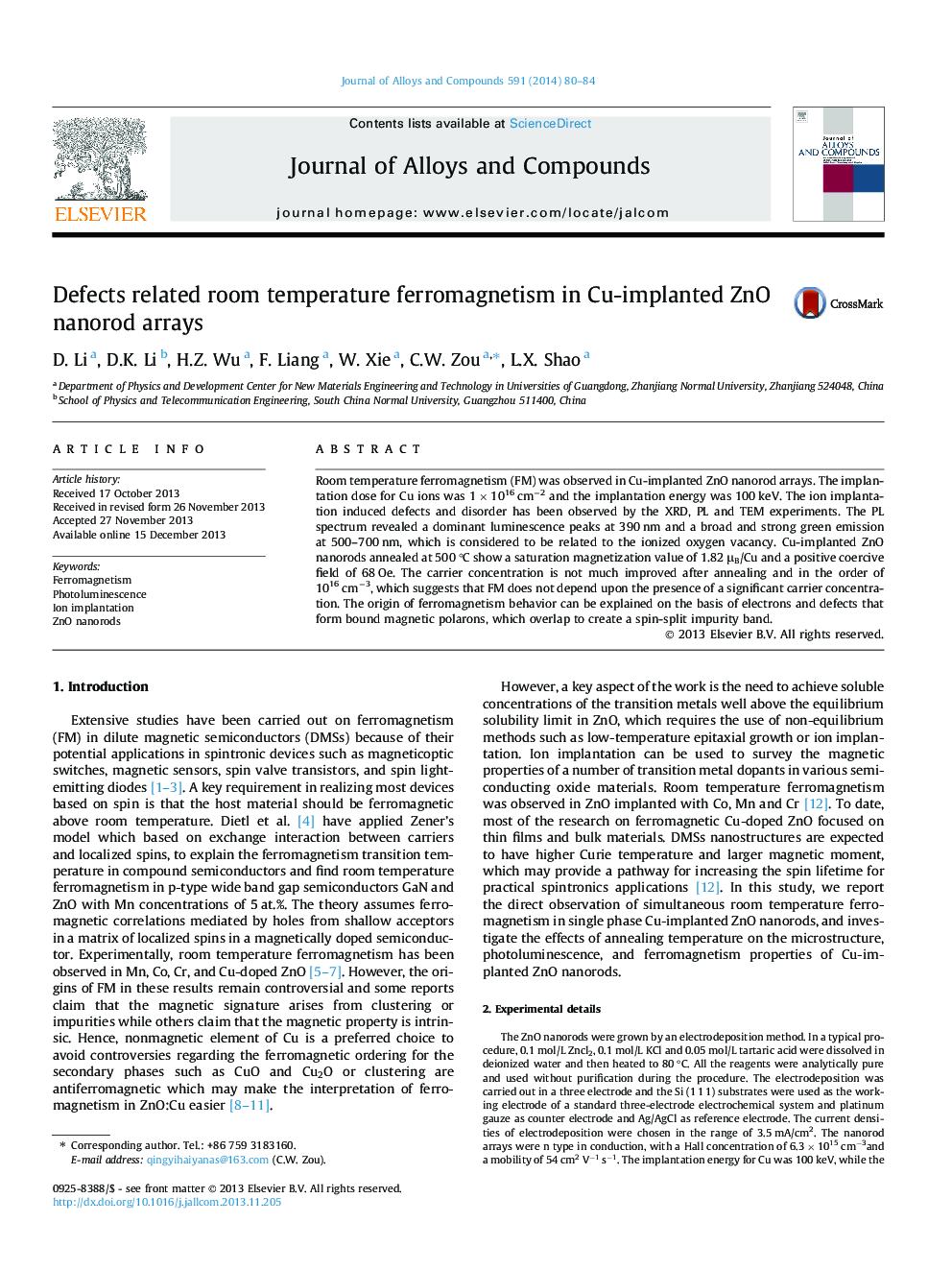 Defects related room temperature ferromagnetism in Cu-implanted ZnO nanorod arrays