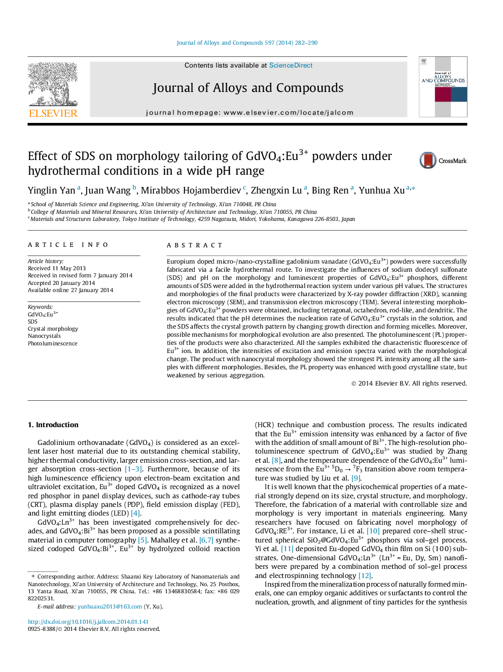 Effect of SDS on morphology tailoring of GdVO4:Eu3+ powders under hydrothermal conditions in a wide pH range