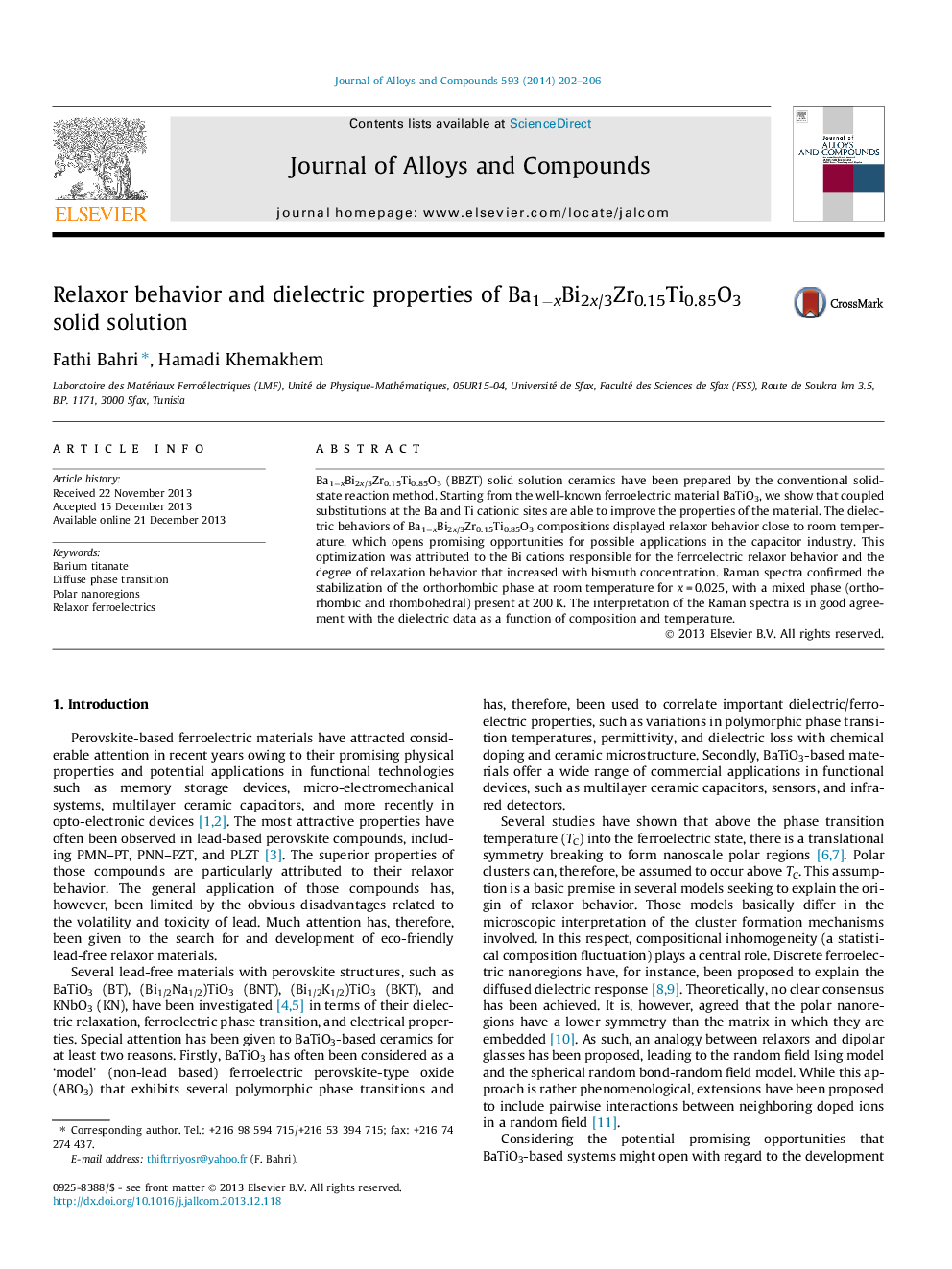 عکس صفحه اول مقاله: Relaxor behavior and dielectric properties of Ba1âxBi2x/3Zr0.15Ti0.85O3 solid solution Relaxor behavior and dielectric properties of Ba1âxBi2x/3Zr0.15Ti0.85O3 solid solution