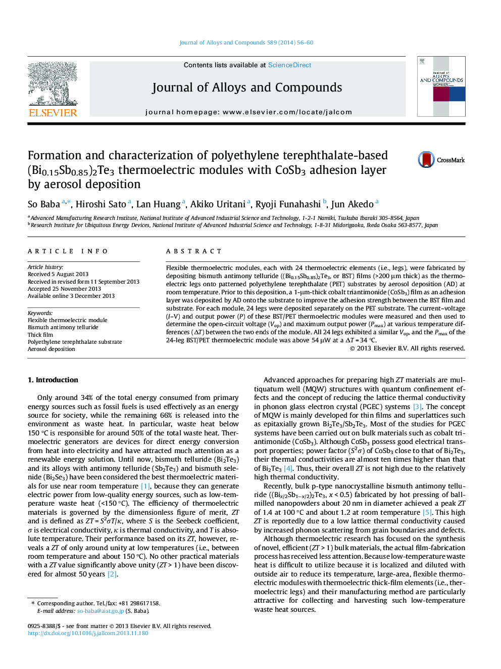 Formation and characterization of polyethylene terephthalate-based (Bi0.15Sb0.85)2Te3 thermoelectric modules with CoSb3 adhesion layer by aerosol deposition