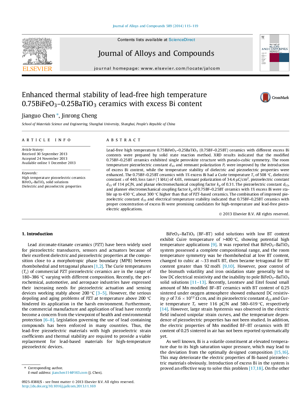 Enhanced thermal stability of lead-free high temperature 0.75BiFeO3-0.25BaTiO3 ceramics with excess Bi content