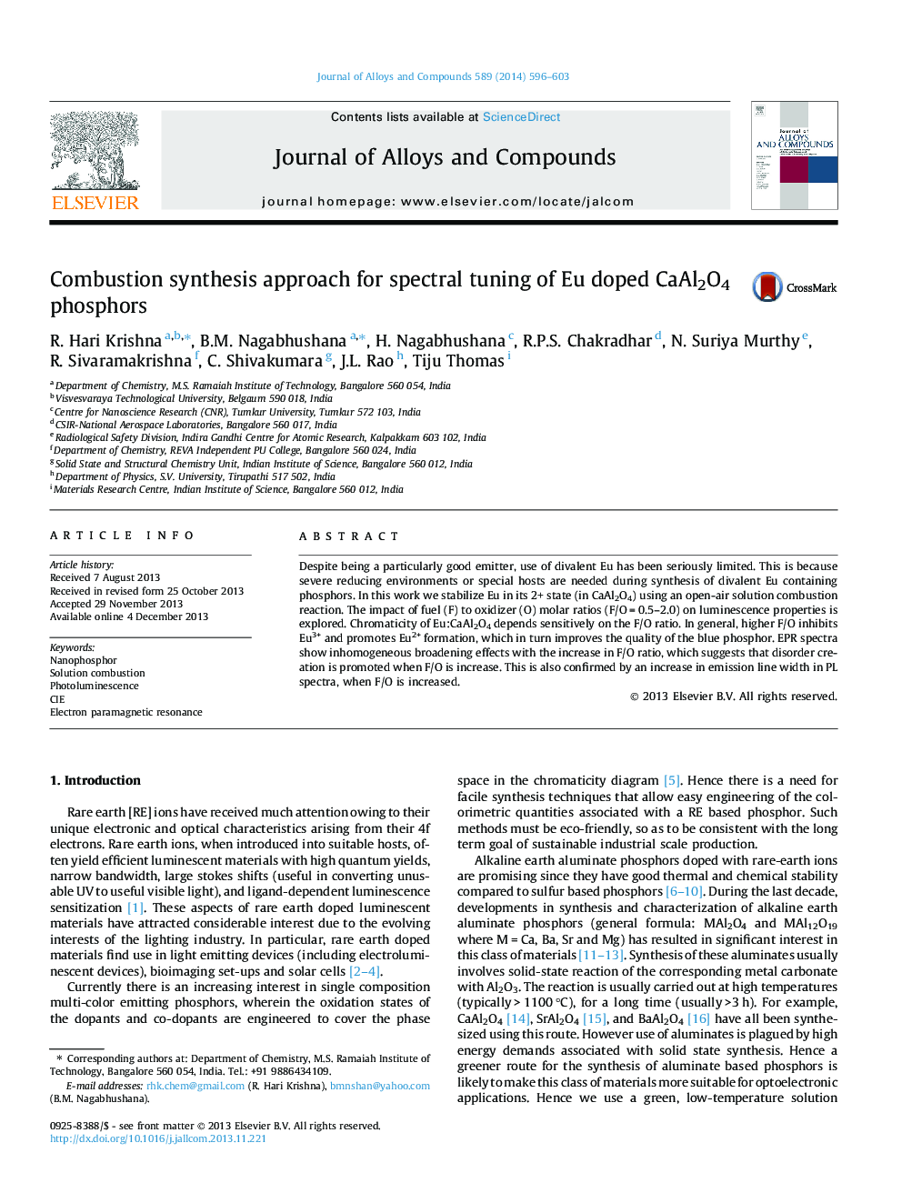 Combustion synthesis approach for spectral tuning of Eu doped CaAl2O4 phosphors