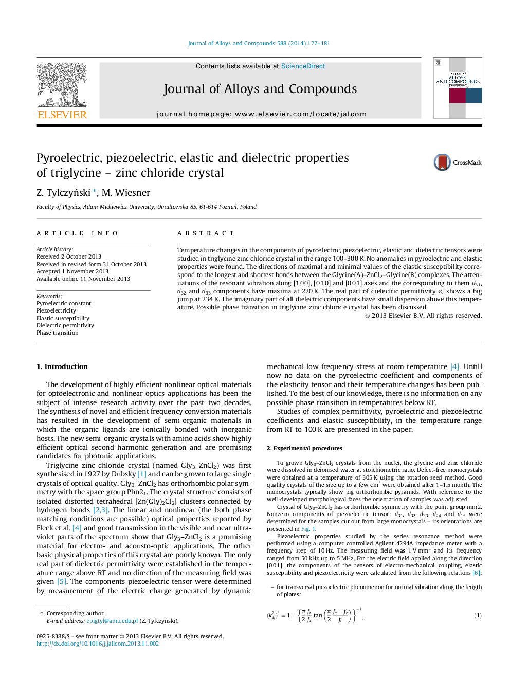 Pyroelectric, piezoelectric, elastic and dielectric properties of triglycine - zinc chloride crystal