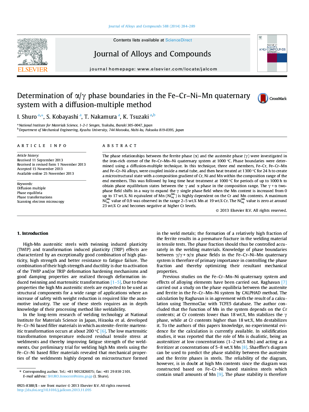 Determination of Î±/Î³ phase boundaries in the Fe-Cr-Ni-Mn quaternary system with a diffusion-multiple method