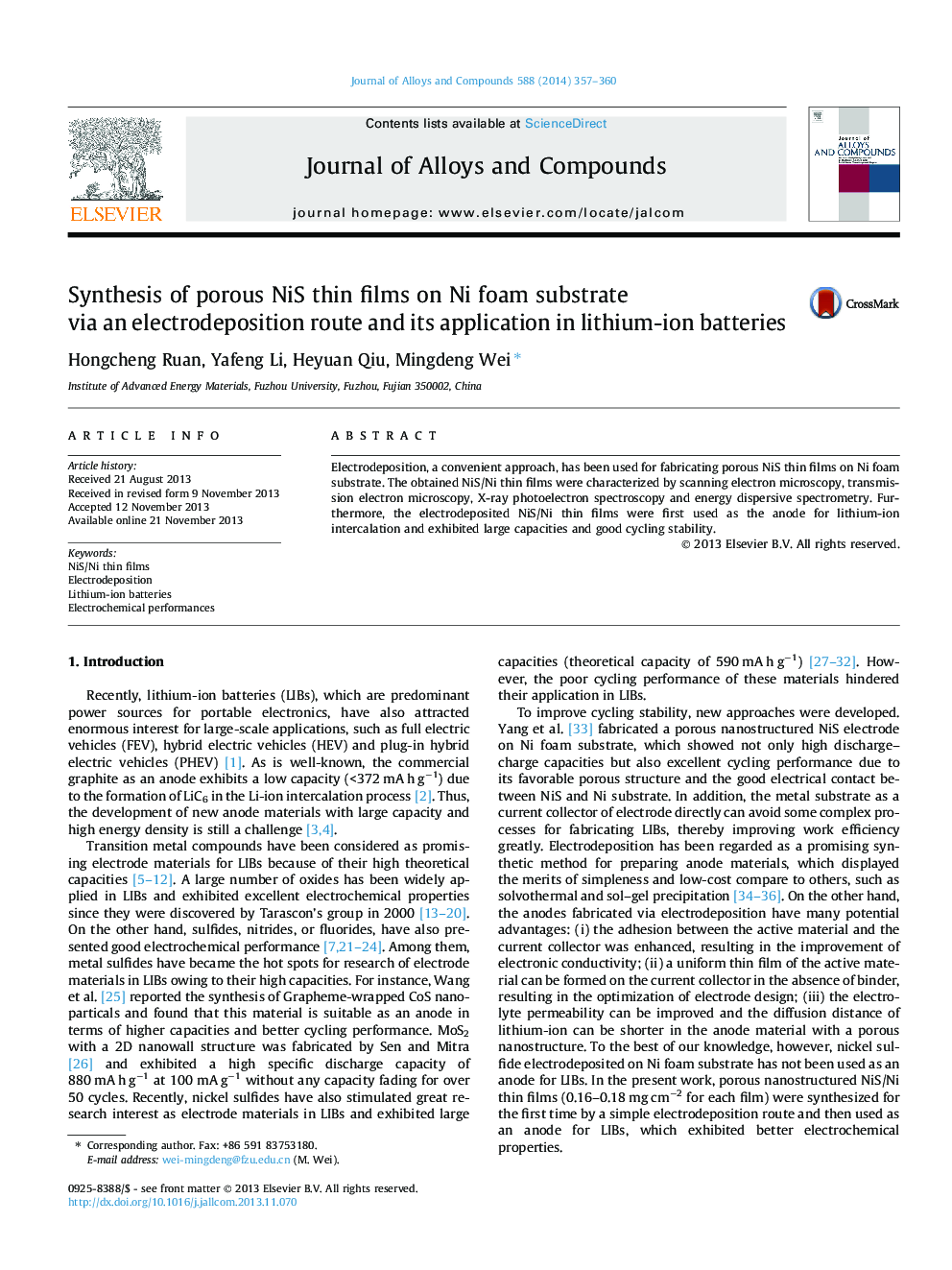 Synthesis of porous NiS thin films on Ni foam substrate via an electrodeposition route and its application in lithium-ion batteries