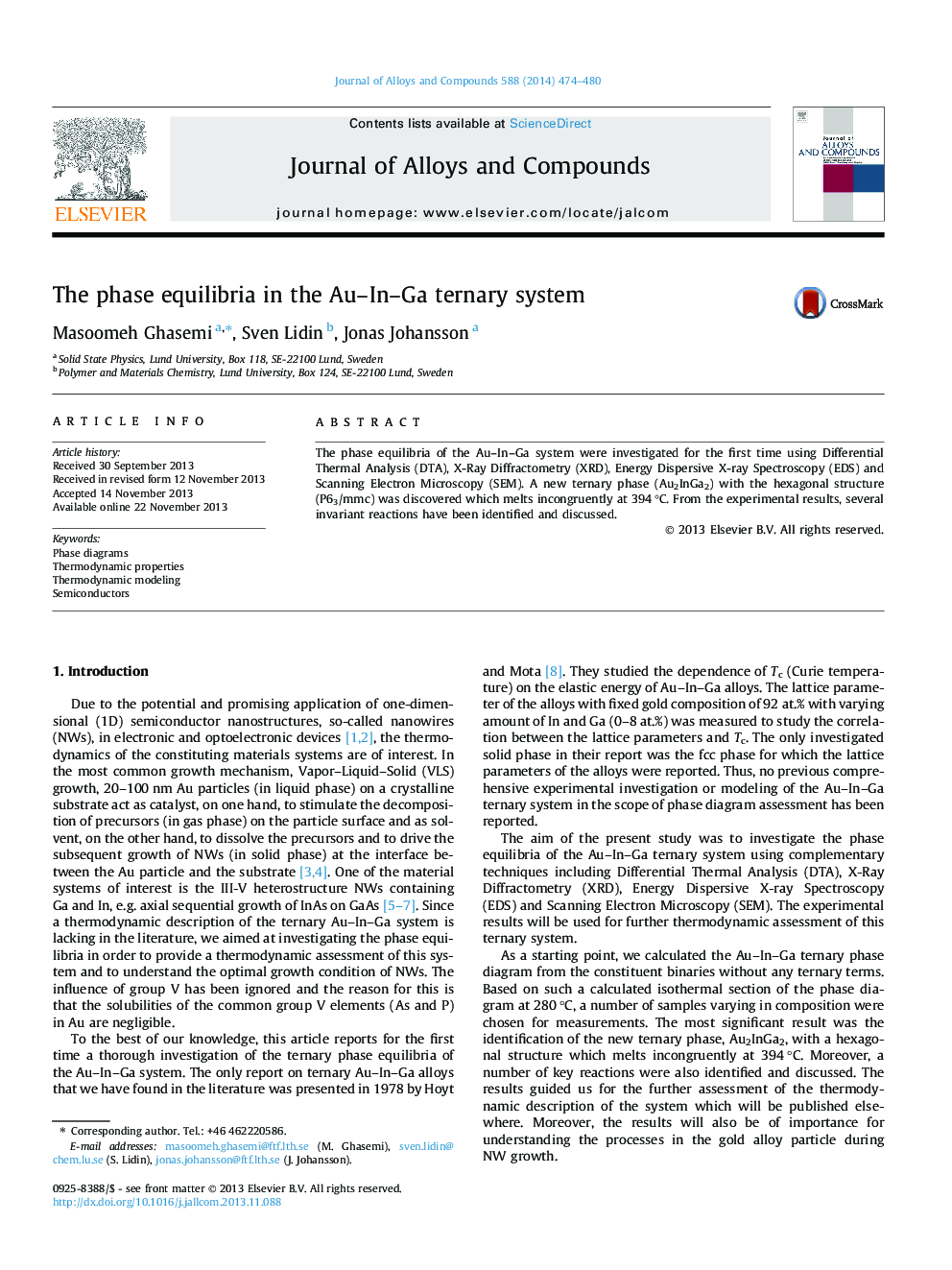 The phase equilibria in the Au–In–Ga ternary system