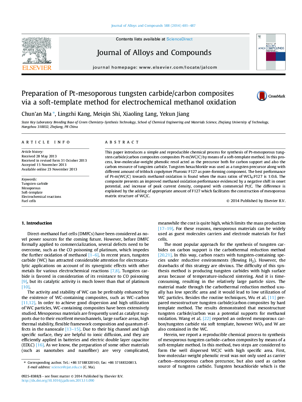 Preparation of Pt-mesoporous tungsten carbide/carbon composites via a soft-template method for electrochemical methanol oxidation