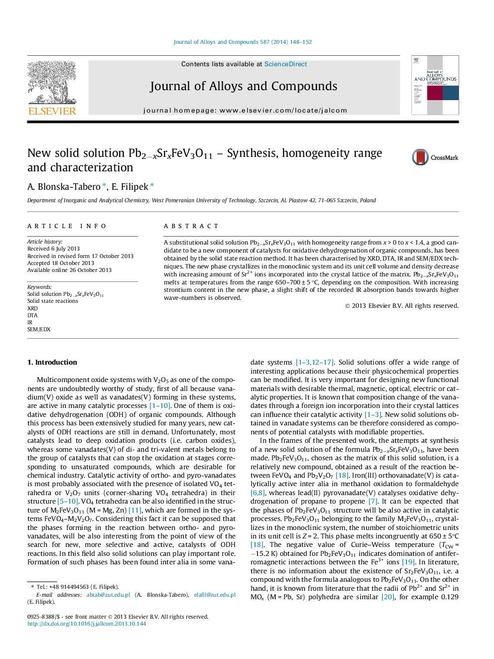 New solid solution Pb2âxSrxFeV3O11 - Synthesis, homogeneity range and characterization