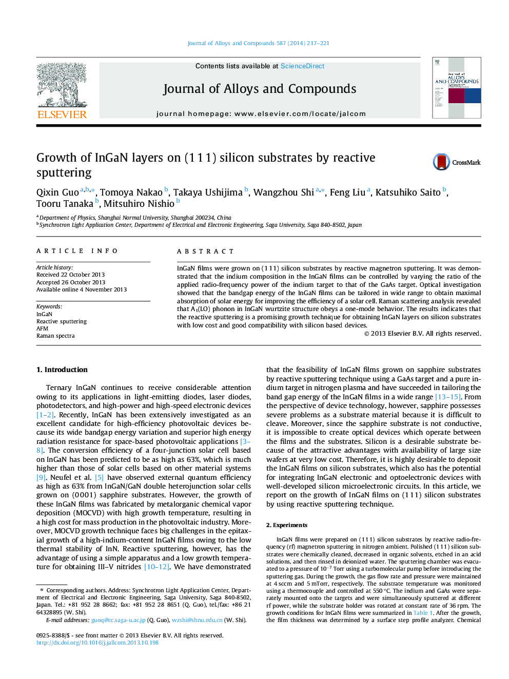 Growth of InGaN layers on (1Â 1Â 1) silicon substrates by reactive sputtering