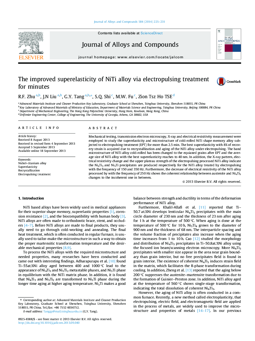 The improved superelasticity of NiTi alloy via electropulsing treatment for minutes