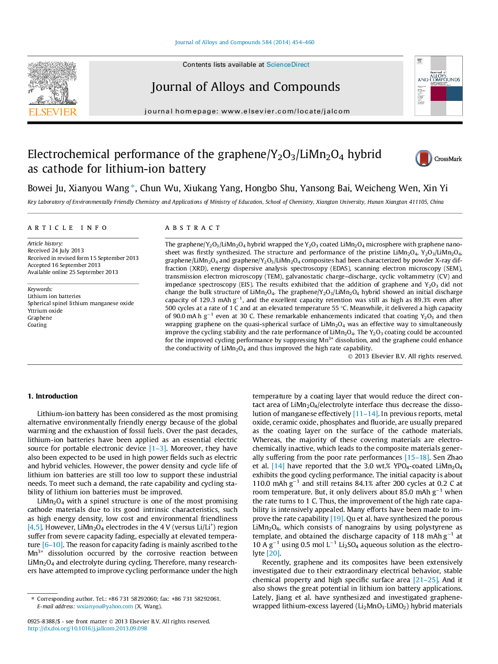عکس صفحه اول مقاله: Electrochemical performance of the graphene/Y2O3/LiMn2O4 hybrid as cathode for lithium-ion battery Electrochemical performance of the graphene/Y2O3/LiMn2O4 hybrid as cathode for lithium-ion battery