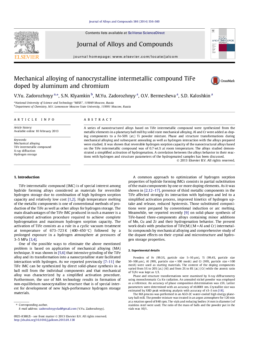 Mechanical alloying of nanocrystalline intermetallic compound TiFe doped by aluminum and chromium